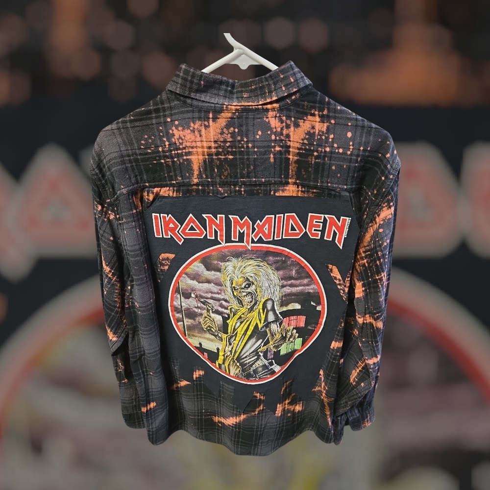 Upcycled Iron Maiden Repuposed Graphic Flannel Shirt